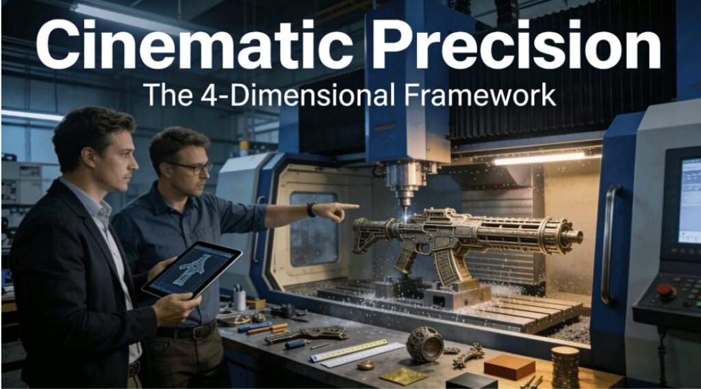 A VFX supervisor and a manufacturing engineer collaborate in a film prop workshop, inspecting a complex hero prop being precision-machined on a CNC center, visualizing the fusion of creative vision and engineering execution.