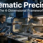 A VFX supervisor and a manufacturing engineer collaborate in a film prop workshop, inspecting a complex hero prop being precision-machined on a CNC center, visualizing the fusion of creative vision and engineering execution.
