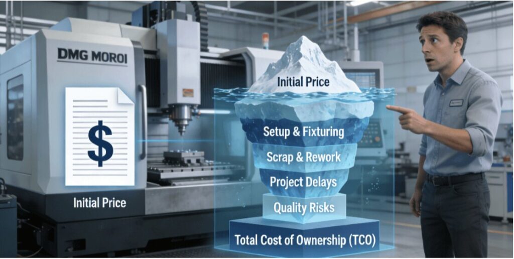 An engineer in a machine shop points to an infographic comparing the low initial price quote to the large hidden costs that make up the true Total Cost of Ownership for 5- axis CNC machining.