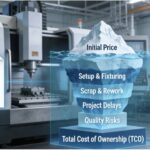 An engineer in a machine shop points to an infographic comparing the low initial price quote to the large hidden costs that make up the true Total Cost of Ownership for 5- axis CNC machining.